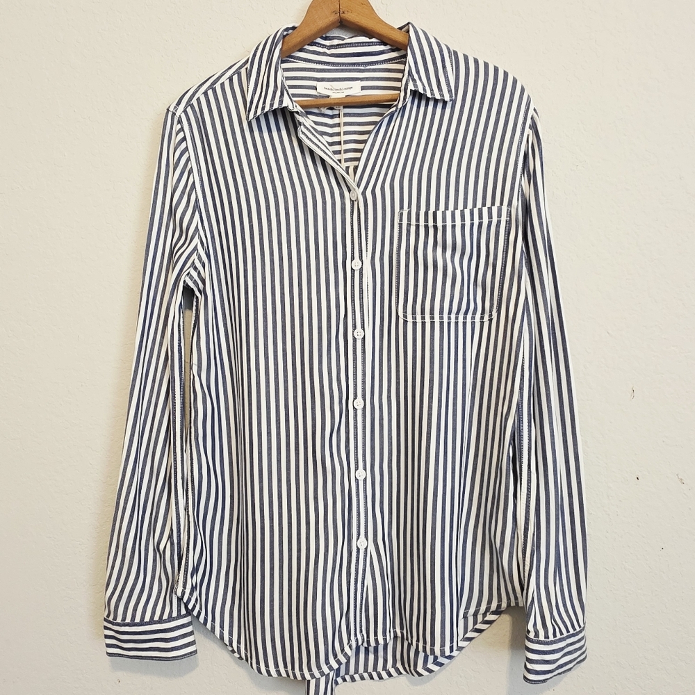 NWT Beach Lunch Lounge Long Sleeve Shirt Blue White Stripe Nautical Coastal XS